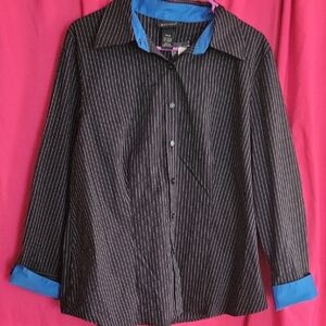 Lane Bryant Black Pinstripe Shirt with Blue Collar